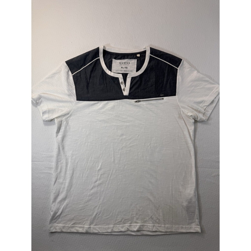 Guess Los Angeles Mens XL Short Sleeve Henley Zipper Pocket White Colorblock